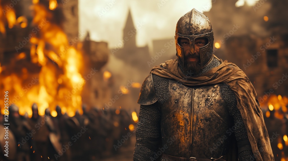 Medieval warrior in armor with helmet in battle scene Medieval warrior in armor with helmet in battle scene