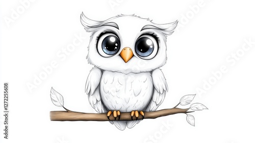 Cute baby owl with big eyes on branch photo