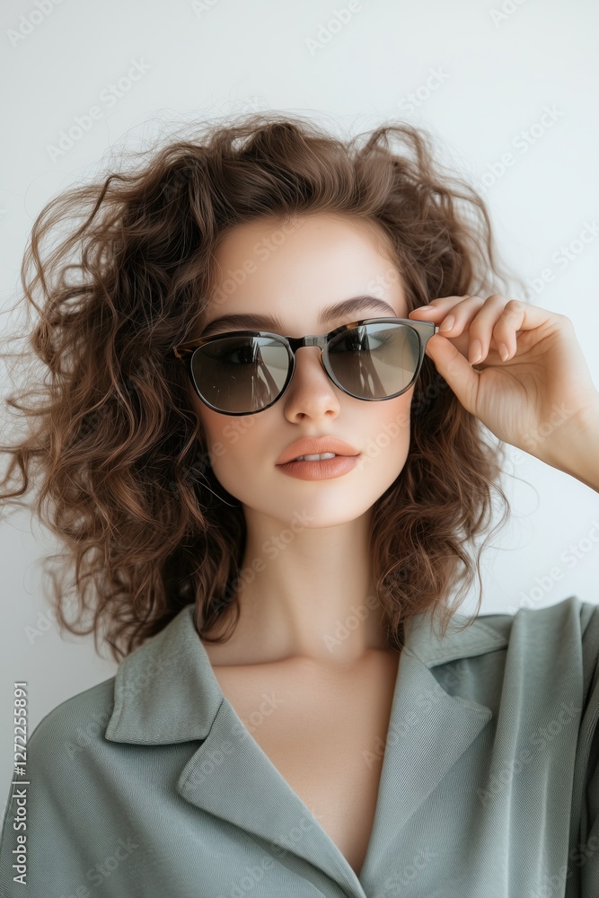 Stylish young Caucasian woman with curly brown hair wearing sunglasses and a chic pastel blouse, adjusting her frames with confidence. Modern fashion portrait against a neutral background.
Stylish young Caucasian woman with curly brown hair wearing sunglasses and a chic pastel blouse, adjusting her frames with confidence. Modern fashion portrait against a neutral background.