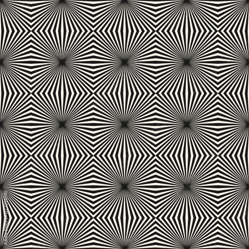 Black and white vector geometric seamless pattern. Optical illusion effect. Abstract texture with broken lines, stripes, burst, tiles. Op art background. Repeating design for decor, print, wallpapers