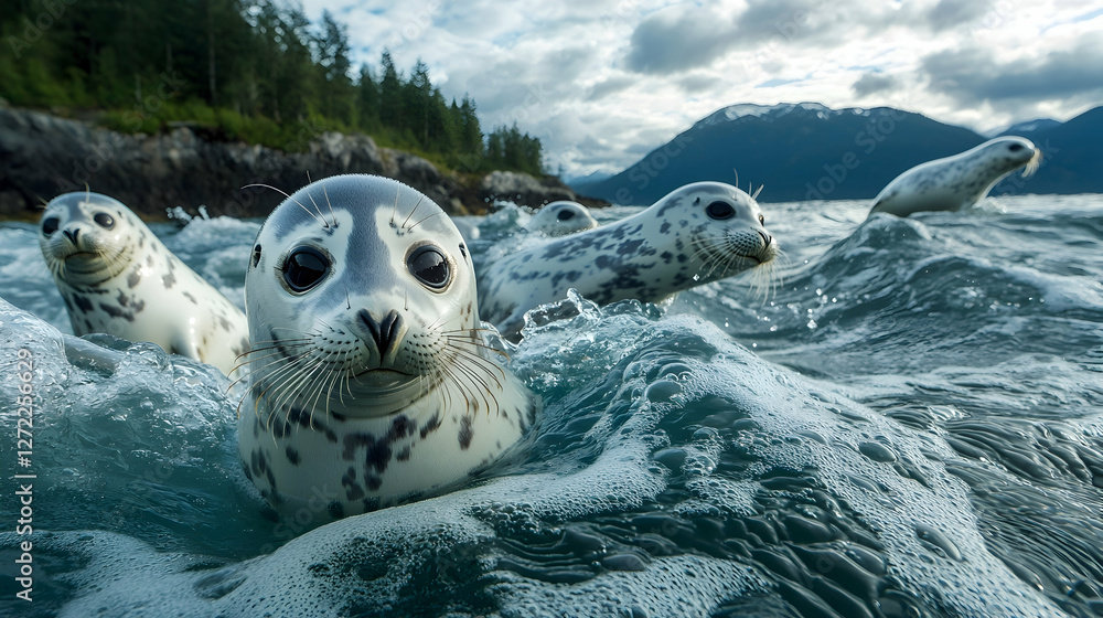 Obraz premium Harbor seals playfully emerge from Alaskan waters, mountains in background; wildlife conservation