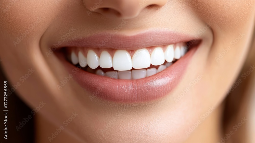 Fototapeta premium Close-up woman's smile, healthy teeth, bright white. Possible use Dental health poster