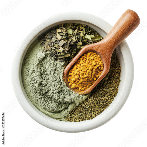 a bowl of freshly mixed herbal face mask paste with natural powders and oils, isolated on a white background