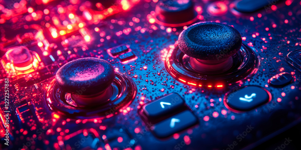 Fototapeta premium Close-up of illuminated gaming controller with vibrant neon lights and textured control buttons in futuristic style