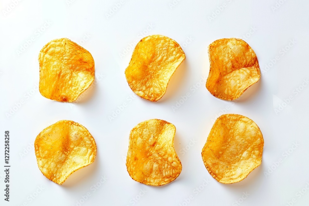 Evenly arranged potato chips on white background. Neural network AI generated Evenly arranged potato chips on white background. Neural network AI generated