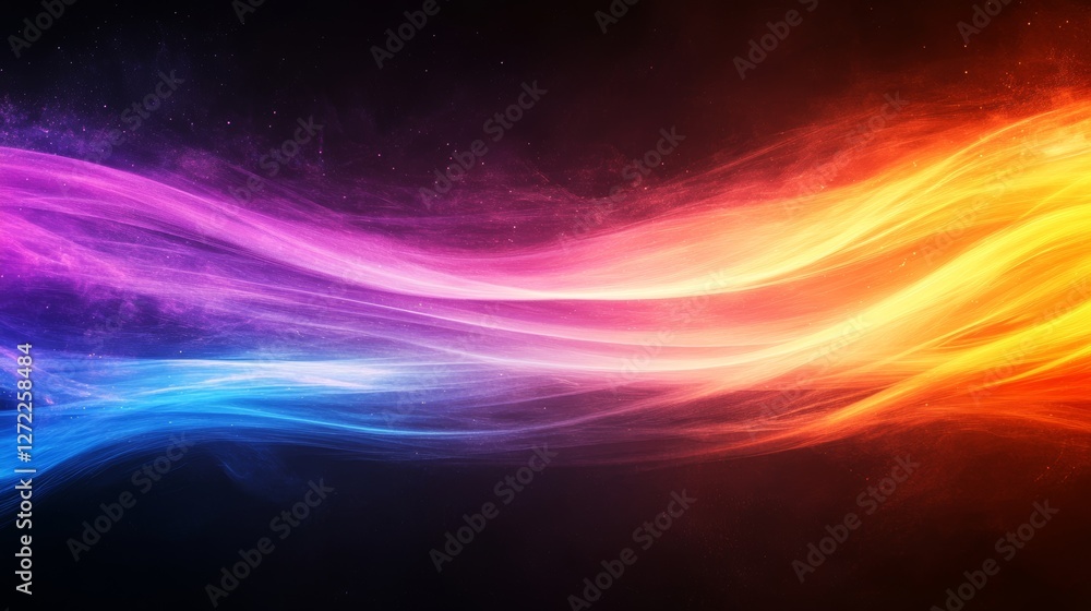 Vibrant abstract art with flowing, multicolored waves of light and energy. Shades of blue, pink, orange and yellow create a dynamic composition.
