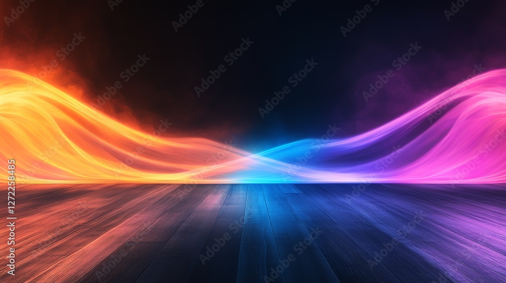 Abstract vibrant waves of light illuminating a dark wooden floor. A mesmerizing blend of warm and cool tones. Abstract vibrant waves of light illuminating a dark wooden floor. A mesmerizing blend of warm and cool tones.