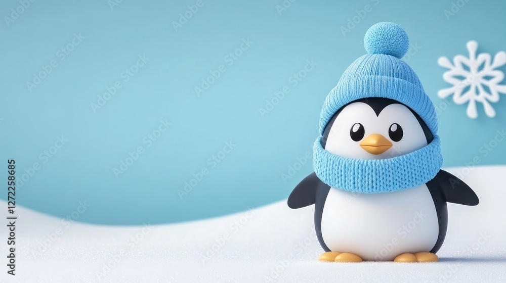 Fototapeta premium Cute cartoon penguin stands in the snow wearing blue accessories