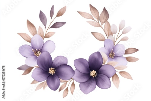Artistic watercolor floral wreath with violet and beige petals