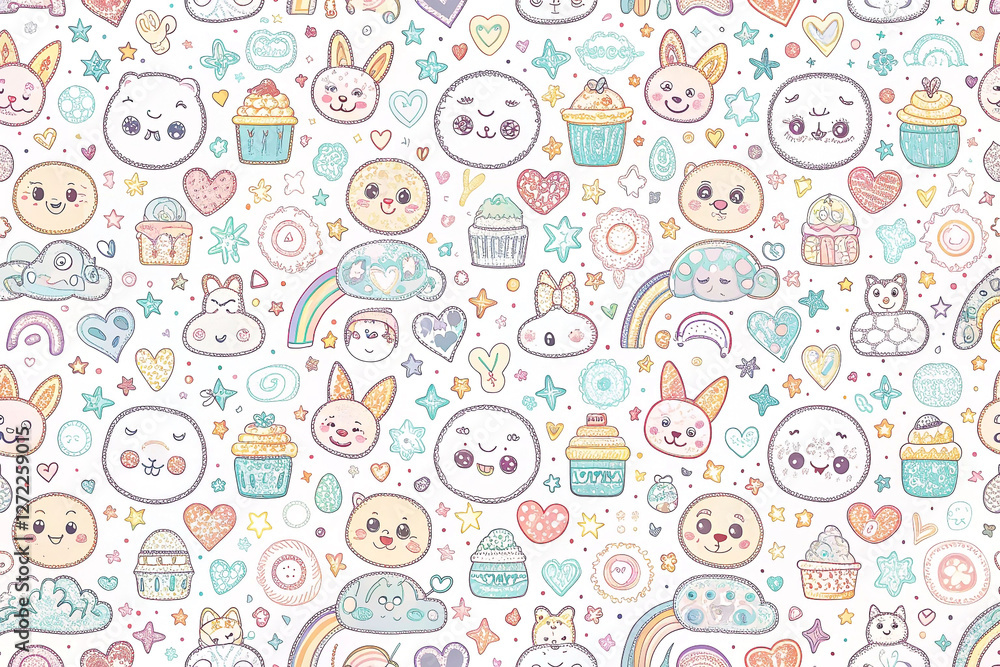 Fototapeta premium Cute pastel animal & food pattern on white background