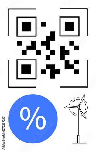 QR code at the top, percentage symbol inside a blue circle, and a wind turbine. Ideal for marketing, sustainability, digital transactions, eco-friendly technology, renewable energy, mobile payments