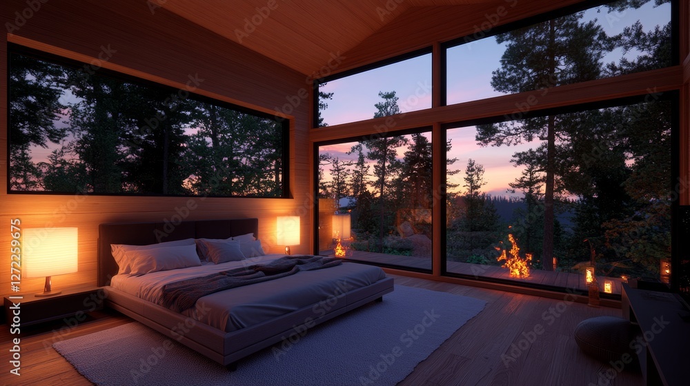 Cozy bedroom with large windows showcasing a breathtaking sunset over a forest. The warm lighting creates a tranquil atmosphere. Cozy bedroom with large windows showcasing a breathtaking sunset over a forest. The warm lighting creates a tranquil atmosphere.