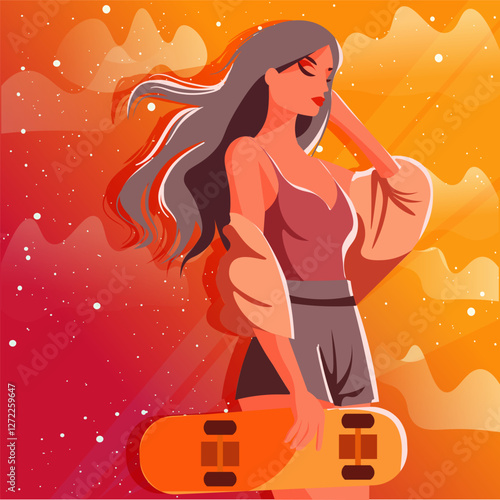 Flat artwork of a young woman at sunset holding a skateboard. Skateboarder near golden hour clouds.