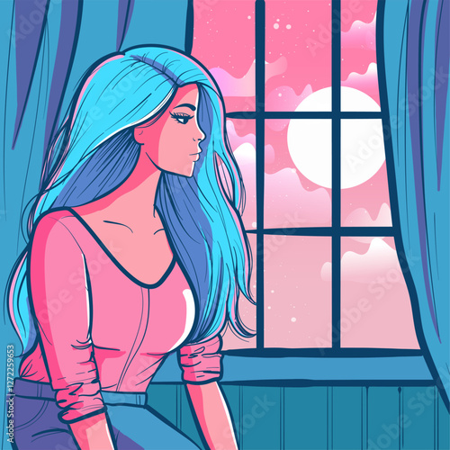 Pastel pink and blue artwork of a lonely woman at golden hour looking through the window at the sunset.