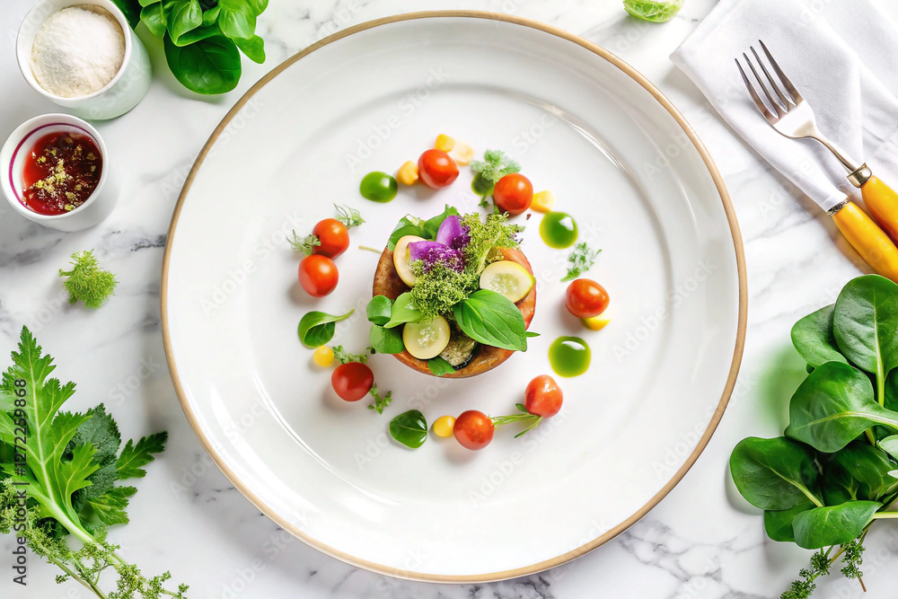 Gourmet plated dish, artful arrangement, marble table setting, vibrant vegetables Gourmet plated dish, artful arrangement, marble table setting, vibrant vegetables