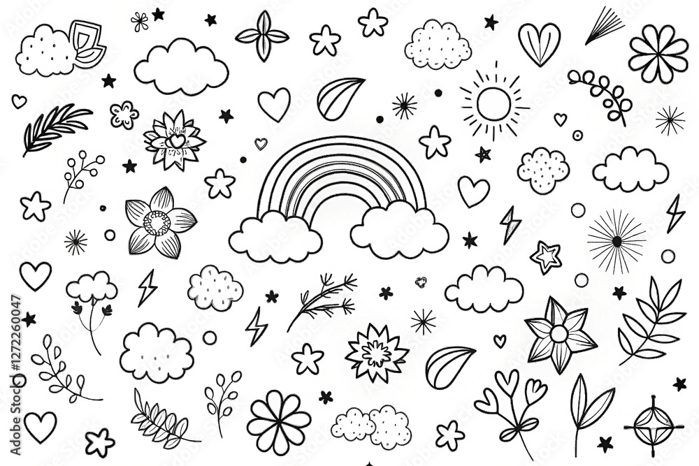 Cute doodle design elements, various shapes, bright colors, background. Use for prints, coloring books, etc