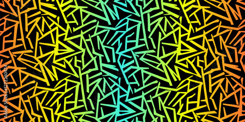 Abstract urban art seamless pattern. Rainbow neon gradient texture on black, with chaotic shapes, lines, patches. Sport style funky geometric graffiti vector background. Trendy design for print, decor