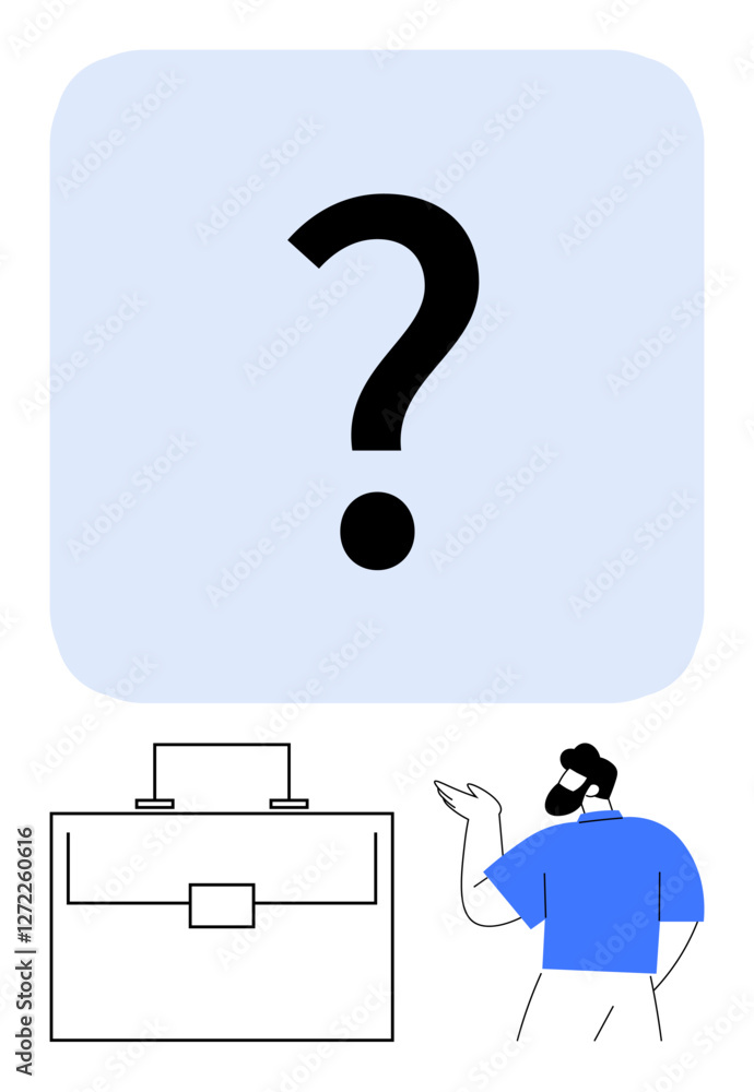 Person gesturing at large question mark, emphasizing decision-making, confusion, or curiosity. Briefcase symbolizes work, career, or business. Ideal for problem-solving, uncertainty job search