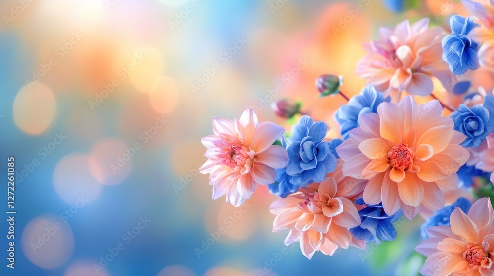 Peach and blue dahlia blossoms bloom against a bokeh background Peach and blue dahlia blossoms bloom against a bokeh background