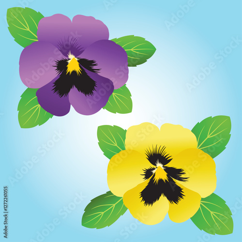 A graphic illustration of a pair of purple and yellow pansy flowers. 