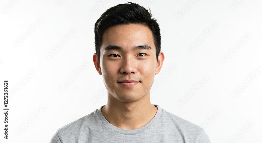 Portrait of Asian Man in Gray Shirt Smiling on White Background Portrait of Asian Man in Gray Shirt Smiling on White Background