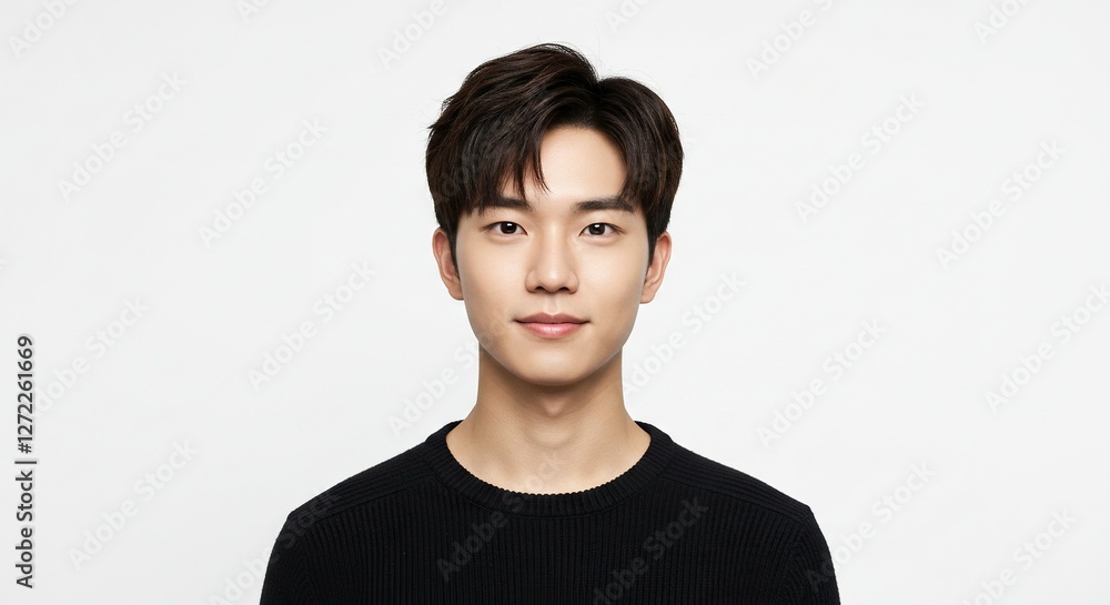 Young Asian Man Portrait with Black Sweater on a White Background Young Asian Man Portrait with Black Sweater on a White Background