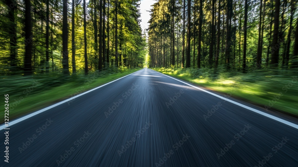 Fototapeta premium Forest road, motion blur, sunlight, peaceful travel, scenic drive