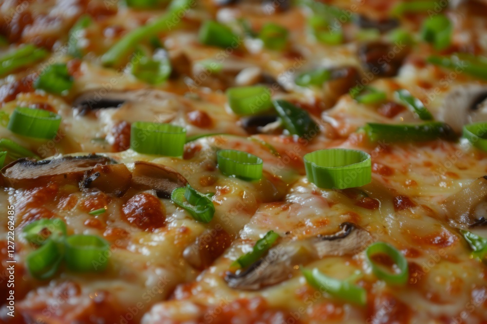 Mushroom and green onion pizza on wooden plate. Neural network AI generated Mushroom and green onion pizza on wooden plate. Neural network AI generated