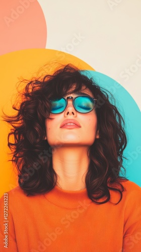 Wallpaper Mural Woman with curly hair wearing blue sunglasses against a colorful background. Relaxed and stylish. Torontodigital.ca
