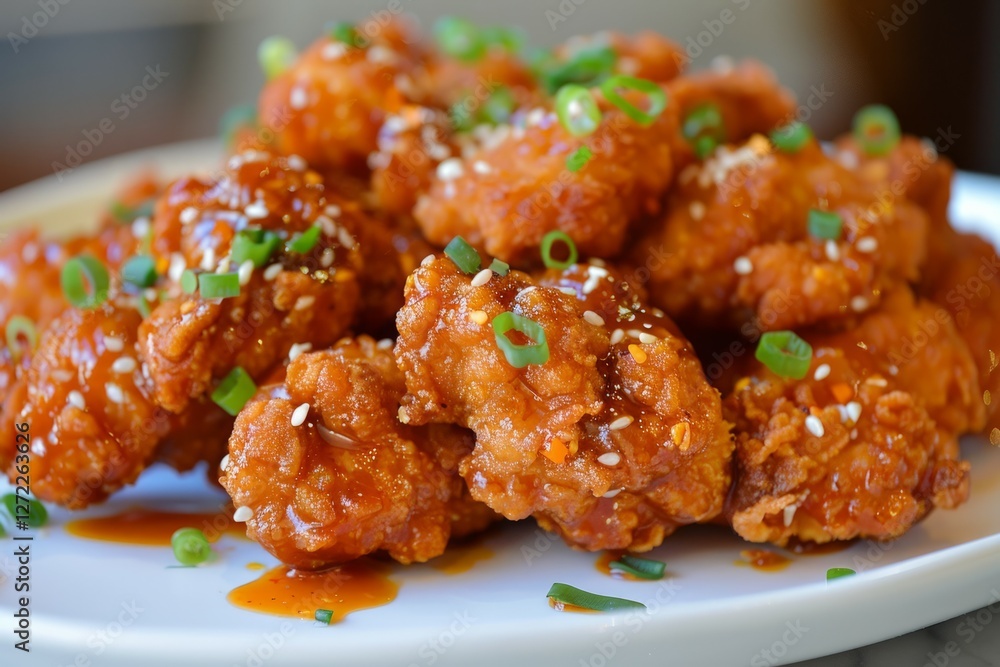 Crispy fried chicken with sesame and scallions on plate. Neural network AI generated Crispy fried chicken with sesame and scallions on plate. Neural network AI generated