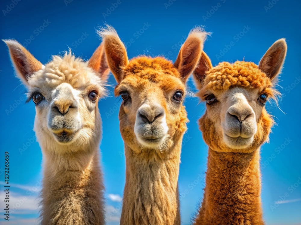 Obraz premium Hilarious Alpacas Against Blue Sky: Minimalist South American Camelid Stock Photo