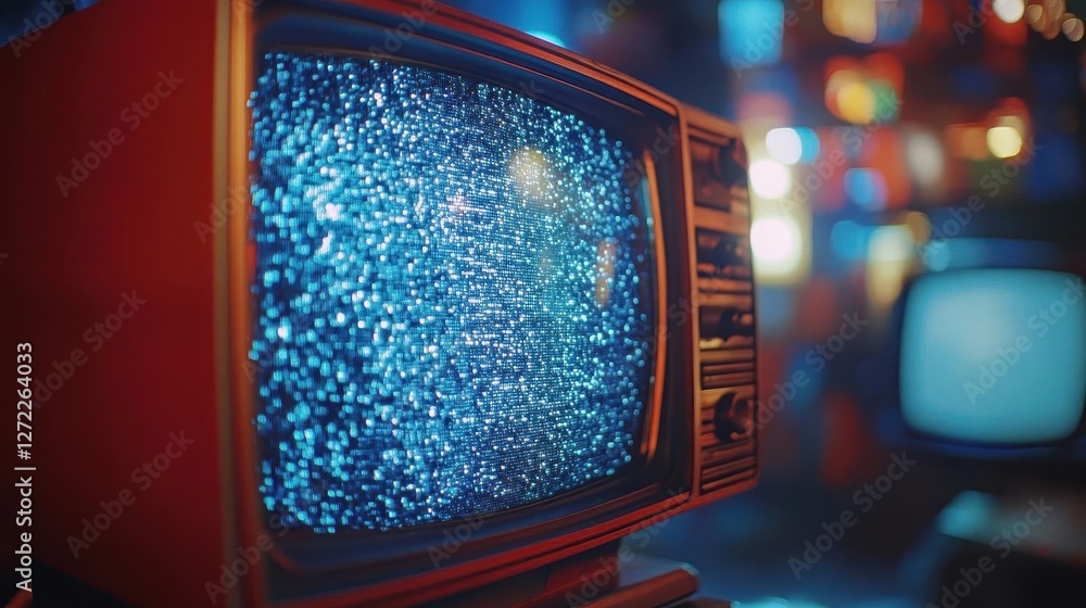 Obraz premium Retro, close-up of a retro TV with static on the screen, nostalgic 80s vibes