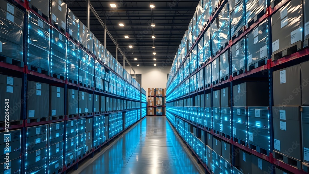 A modern warehouse filled with illuminated storage containers, showcasing a sleek, organized environment for efficient logistics and inventory management.