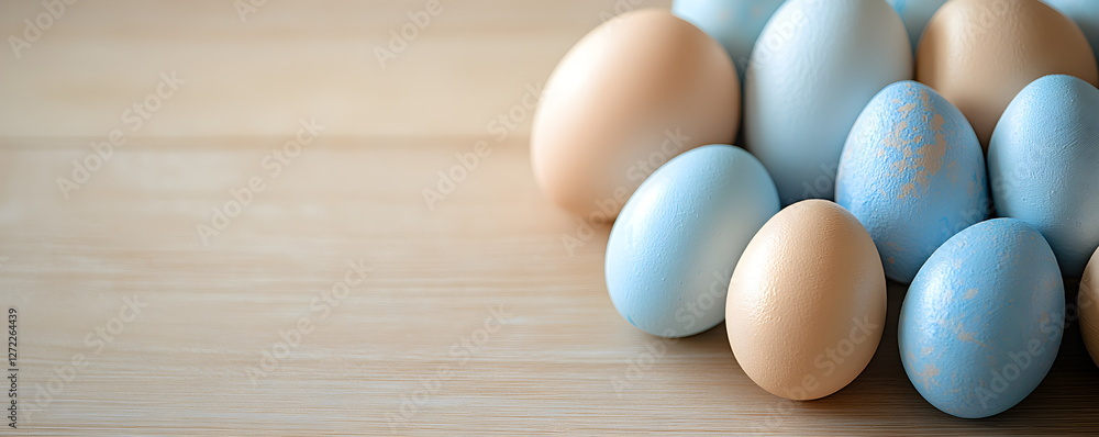 Easter white eggs painted blue on light wooden background. Top view at an angle on copy space. Decorative ornaments for spring holiday. Easter white eggs painted blue on light wooden background. Top view at an angle on copy space. Decorative ornaments for spring holiday.