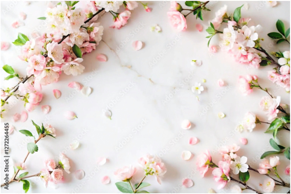 Fototapeta premium Delicate pink blossoms on white marble, floral arrangement, springtime backdrop