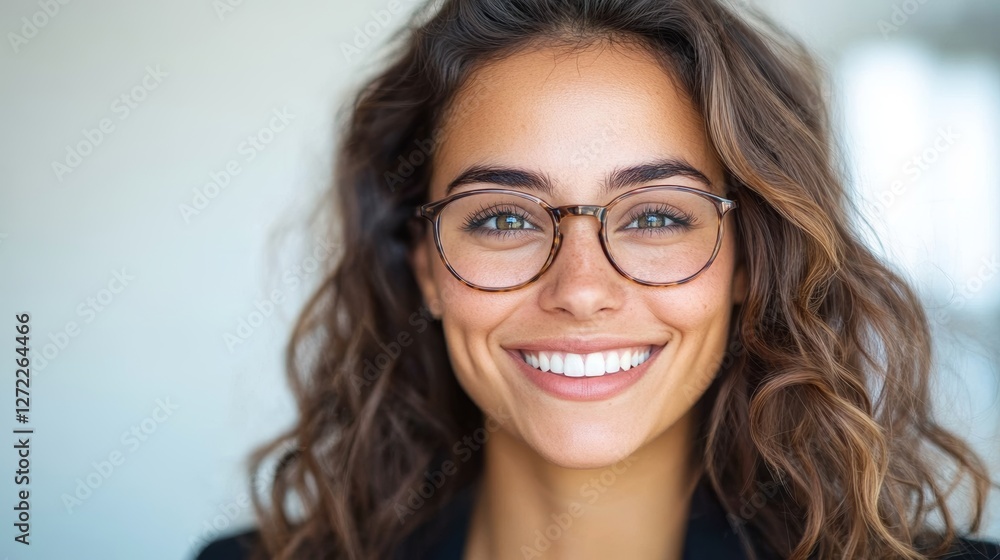 Smiling young woman with wavy brown hair wearing glasses. Positive and approachable. Smiling young woman with wavy brown hair wearing glasses. Positive and approachable.