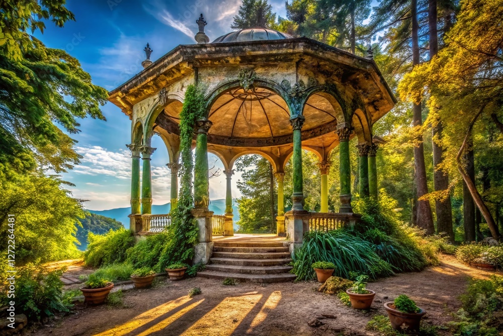 Naklejka premium Historic Croatian Pavilion in Lush Park: Angiolina Opatija Urban Exploration Photography