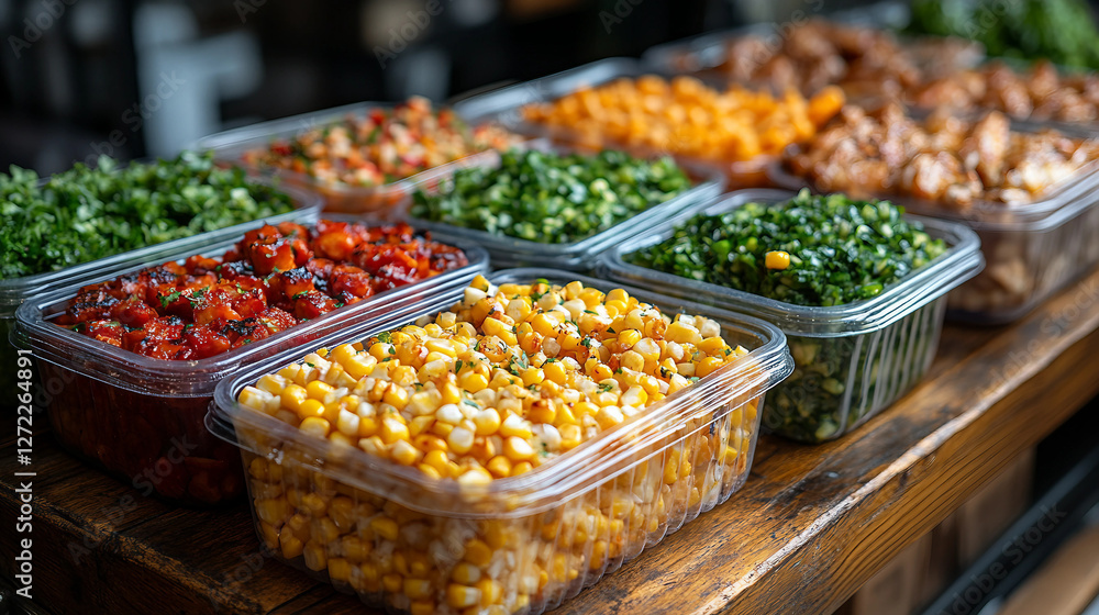 A variety of food is displayed in plastic containers on a wooden table. The food includes chicken, rice, corn, and vegetables. The presentation is colorful and appetizing, making it an inviting meal A variety of food is displayed in plastic containers on a wooden table. The food includes chicken, rice, corn, and vegetables. The presentation is colorful and appetizing, making it an inviting meal