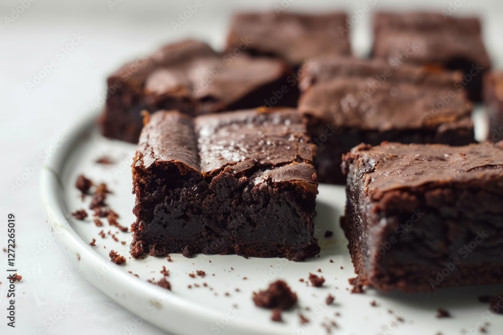 Decadent chocolate brownies on white plate. Neural network AI generated Decadent chocolate brownies on white plate. Neural network AI generated