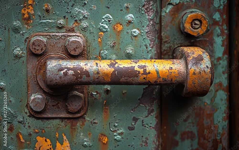 Rusty metal door handle with peeling paint revealing layers of history in an urban setting Rusty metal door handle with peeling paint revealing layers of history in an urban setting