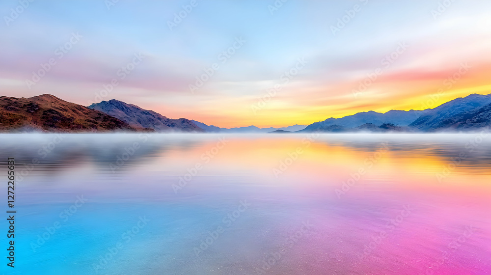 Fototapeta premium Colorful sunrise over calm lake, misty mountains. Peaceful landscape for travel brochures