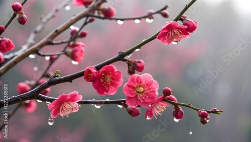 Obraz na płótnie A close-up of vibrant pink blossoms on a branch, adorned with raindrops, set against a soft, blurred background. w salonie