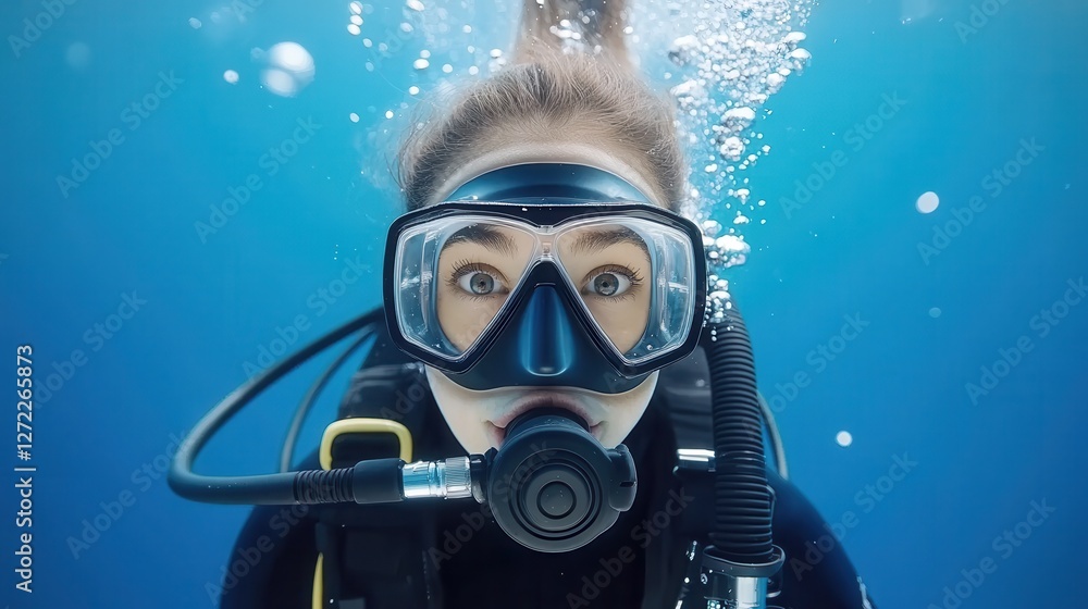 A female scuba diver looks into the camera, with bubbles rising around her in clear blue water, equipped with diving gear, enjoying underwater exploration. A female scuba diver looks into the camera, with bubbles rising around her in clear blue water, equipped with diving gear, enjoying underwater exploration.