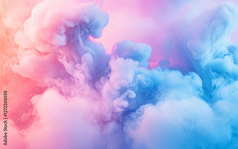 Fototapeta premium Colorful smoke swirls in vibrant shades of pink and blue, creating an ethereal atmosphere in a dreamlike setting