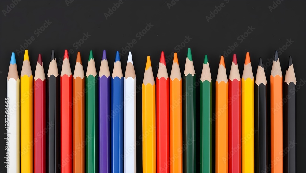 A vibrant array of colored pencils neatly arranged in a row against a dark background, showcasing a spectrum of colors. A vibrant array of colored pencils neatly arranged in a row against a dark background, showcasing a spectrum of colors.