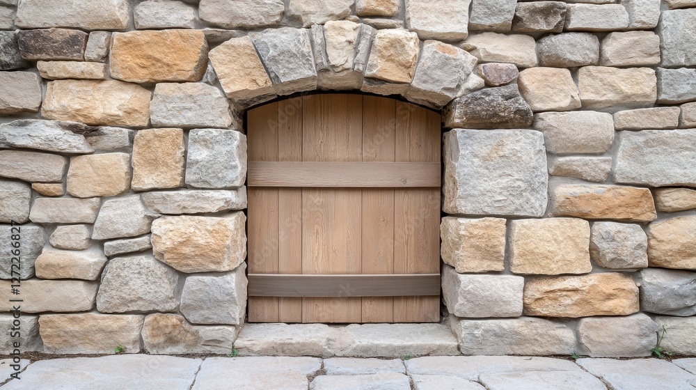 Small wooden door set within an arched stone wall, creating a rustic and charming entrance. Small wooden door set within an arched stone wall, creating a rustic and charming entrance.