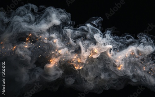 Unique swirl of grey smoke intertwined with golden sparks creates a mesmerizing visual in a dark setting