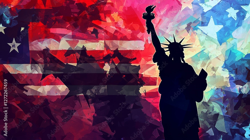 Fototapeta premium Liberty stands tall against a vibrant backdrop of the American flag and colors, symbolizing freedom and unity