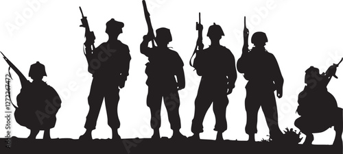 silhouettes of soldiers with guns and rifles vector illustration Adobe Illustrator Artwork