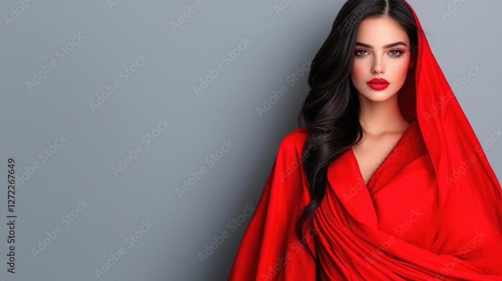 Woman in red draped fabric, studio portrait, gray background, fashion Woman in red draped fabric, studio portrait, gray background, fashion